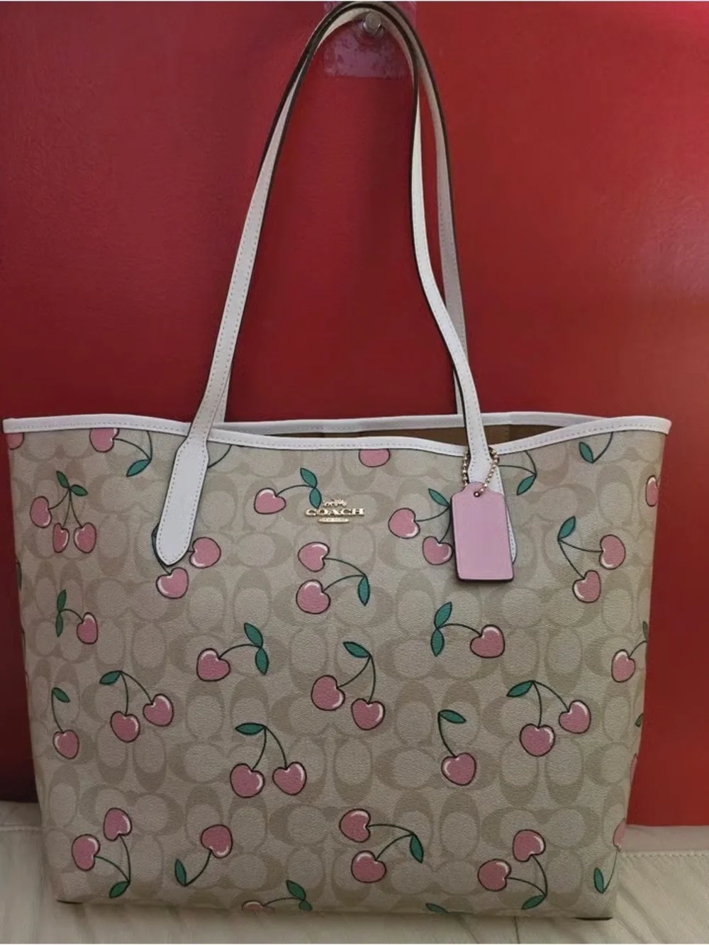 Coach Cherry-Print Canvas Tote in Pink and Beige with White Trim